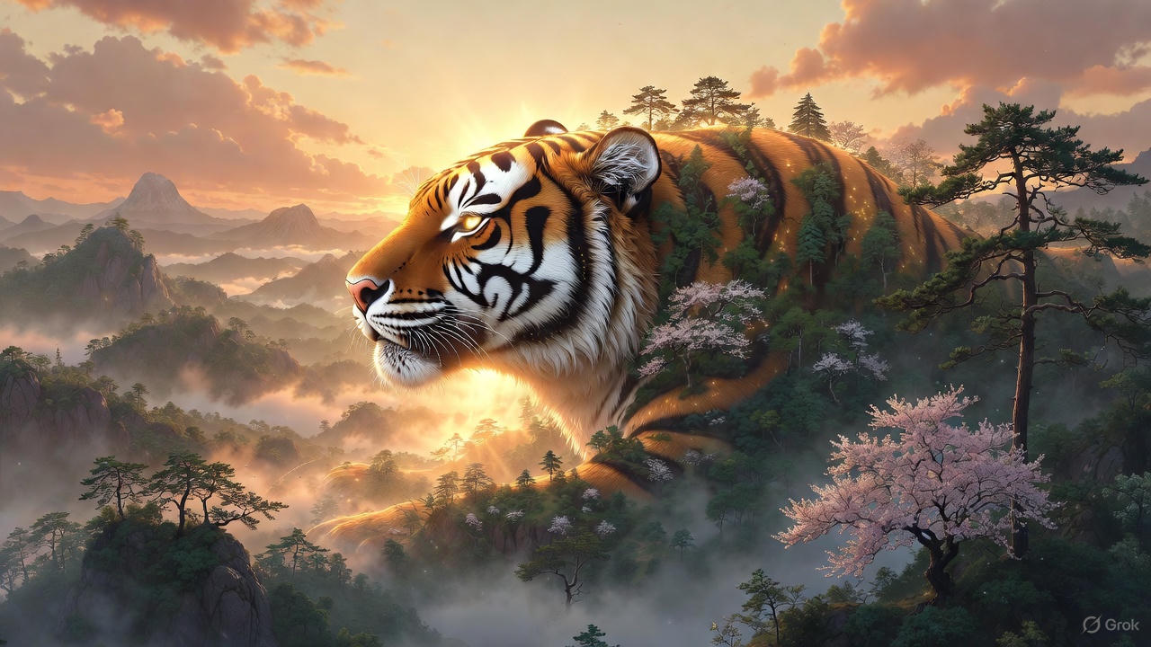 Tiger spirit awakening at sunrise over Korean mountains