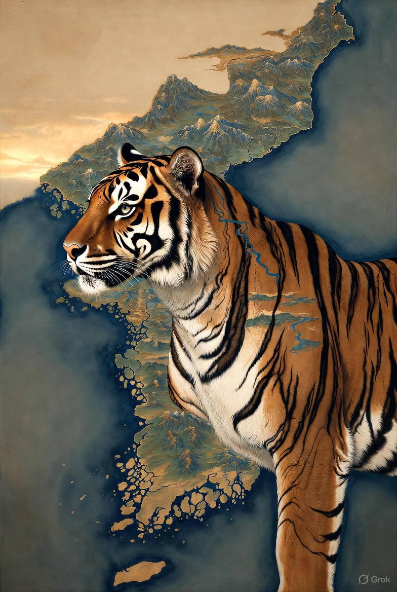 Majestic Korean Tiger standing before the peninsula